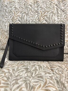 Steve Madden Black Stud-Trim Envelope Wristlet Clutch with Wrist Strap